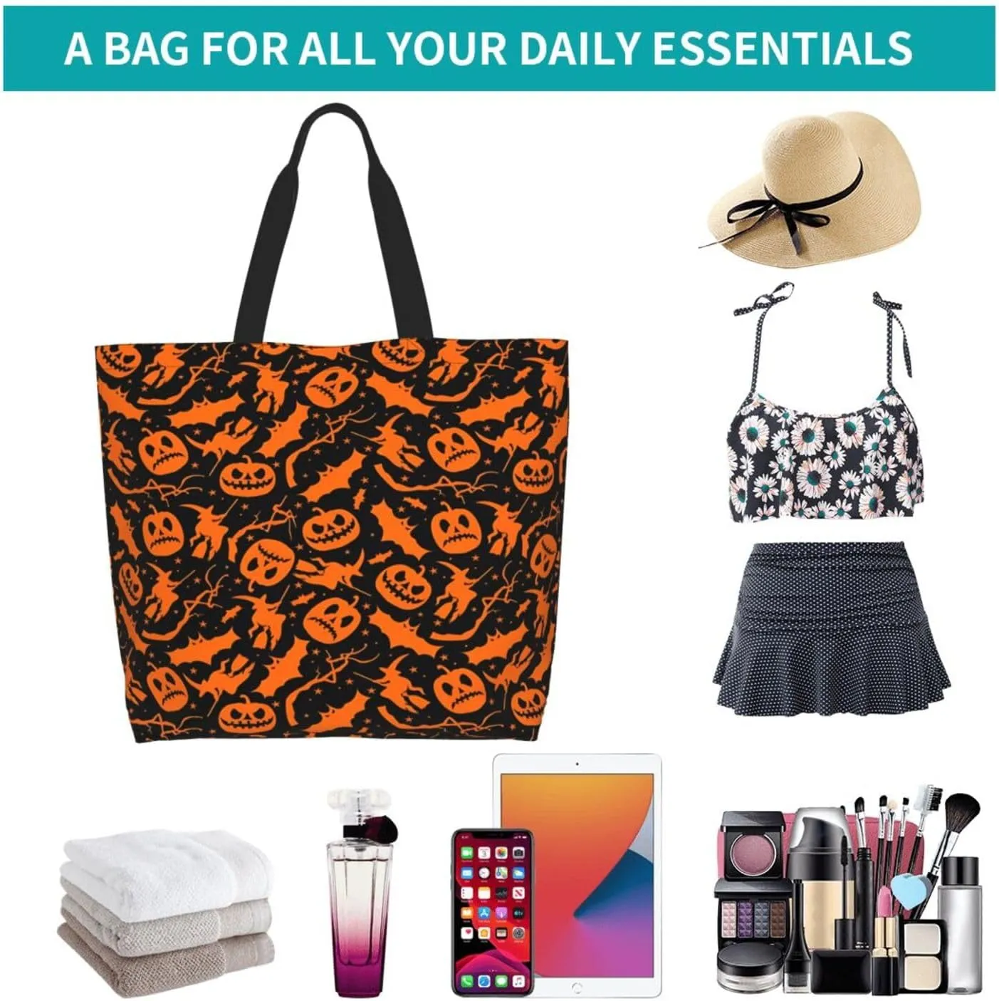 Halloween Bats Witchs Spider Web Skull Women's Tote Bag Large Capacity Single Shoulder Bags Handbag for Shopping Work