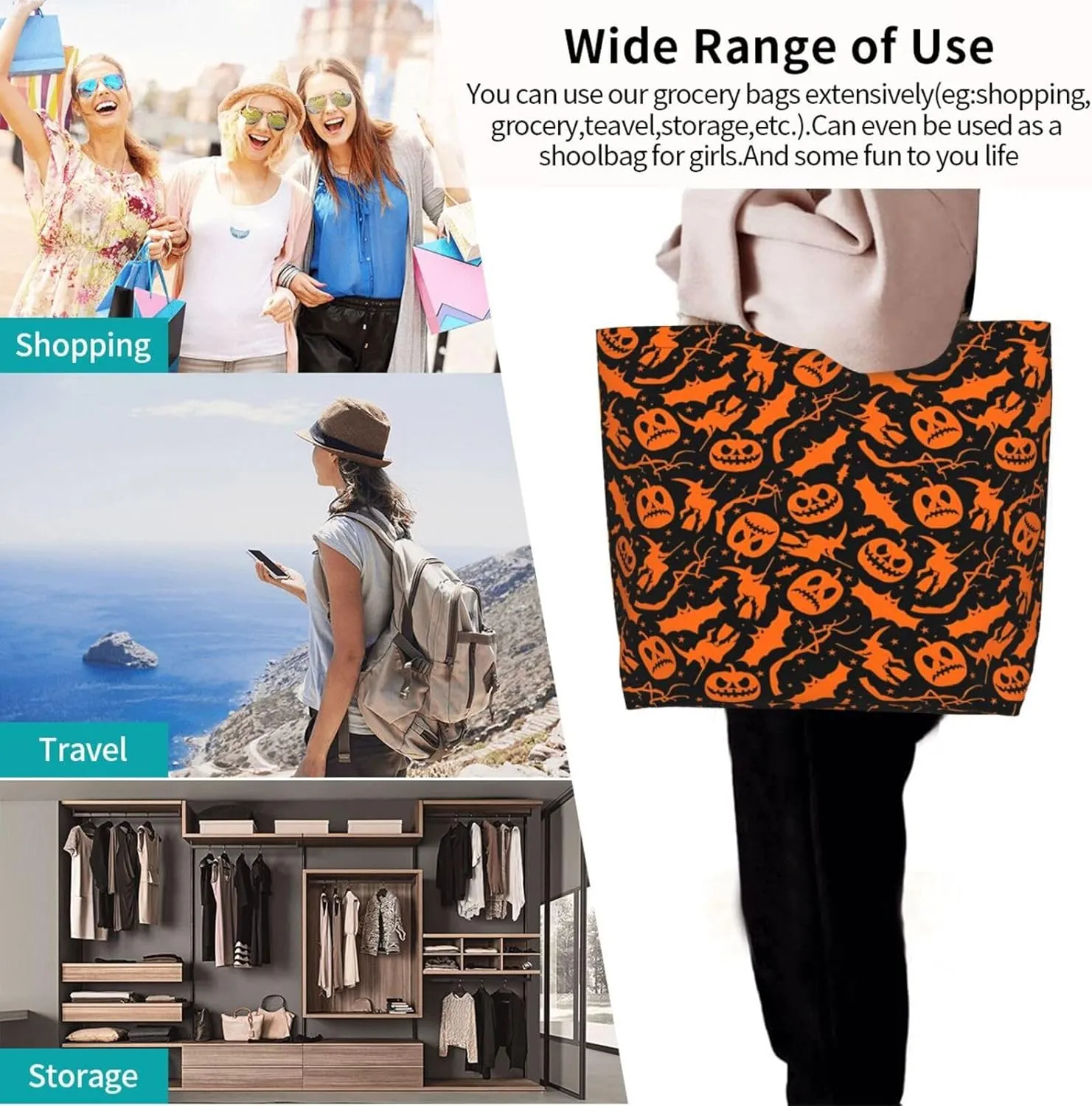 Halloween Bats Witchs Spider Web Skull Women's Tote Bag Large Capacity Single Shoulder Bags Handbag for Shopping Work