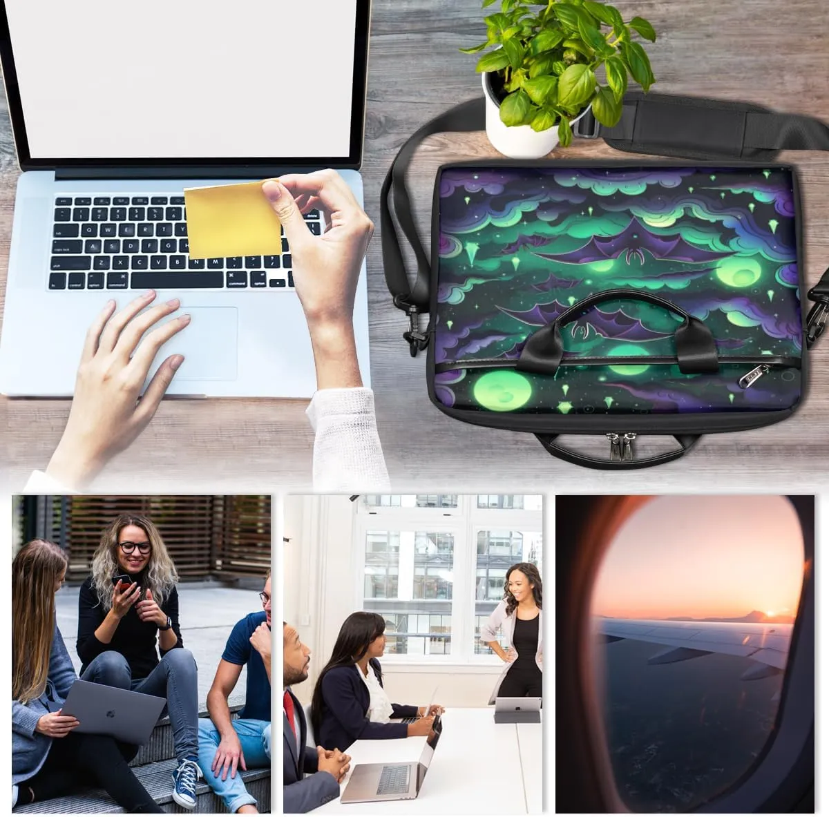 Halloween Green Bat Laptop Bag for Men Women 13-15 Inch Case Bags Sleeve Shoulder with Anti Slip Removable The Pad Straps