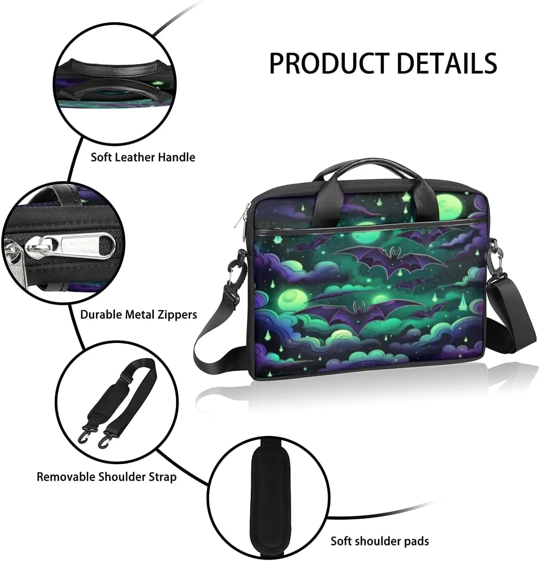 Halloween Green Bat Laptop Bag for Men Women 13-15 Inch Case Bags Sleeve Shoulder with Anti Slip Removable The Pad Straps
