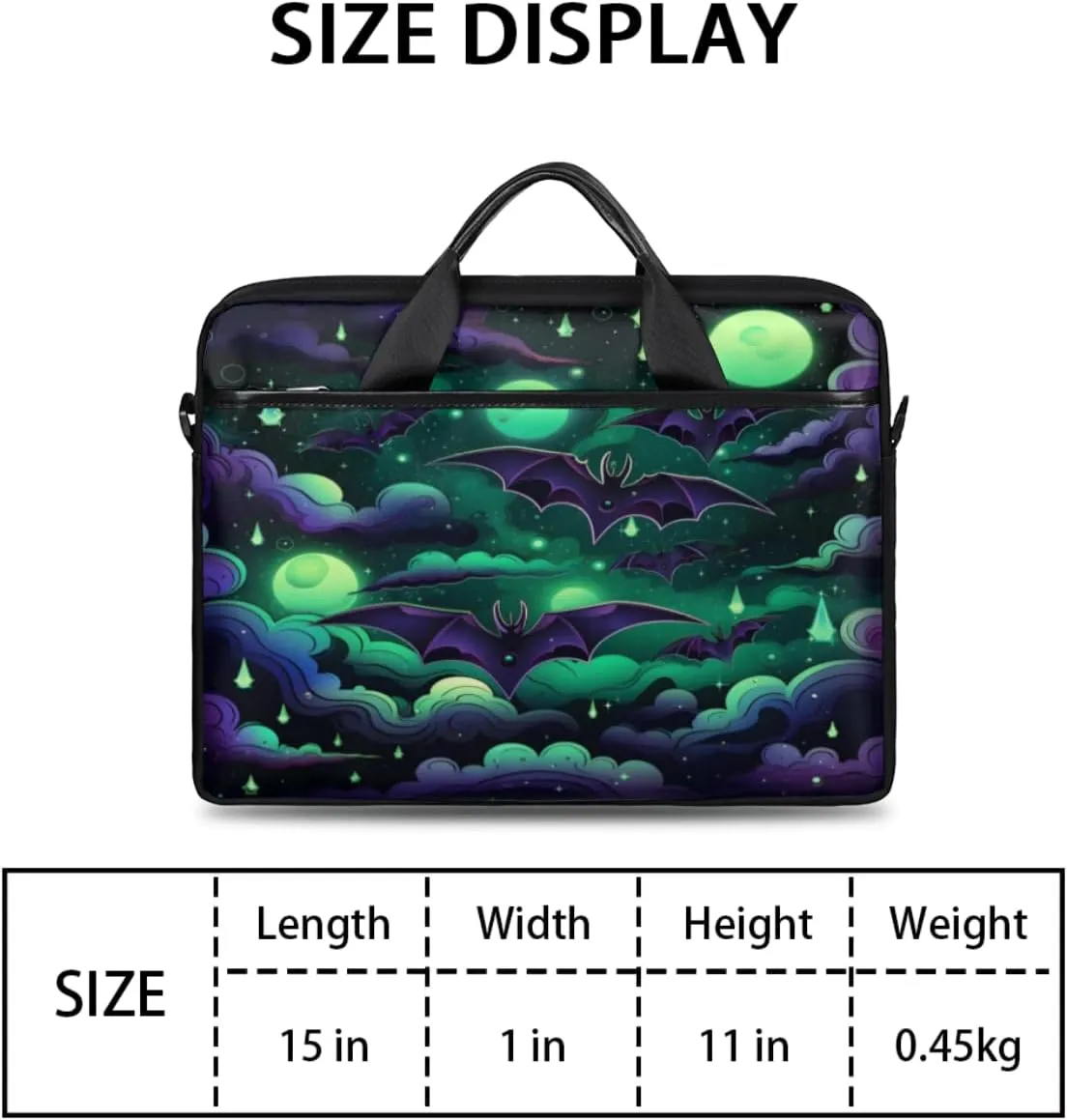 Halloween Green Bat Laptop Bag for Men Women 13-15 Inch Case Bags Sleeve Shoulder with Anti Slip Removable The Pad Straps