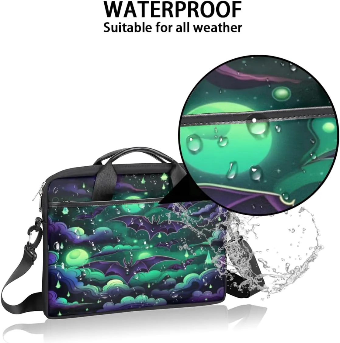 Halloween Green Bat Laptop Bag for Men Women 13-15 Inch Case Bags Sleeve Shoulder with Anti Slip Removable The Pad Straps