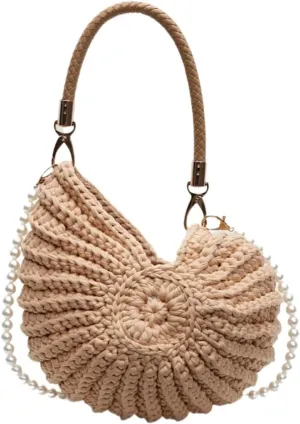 Hand-woven Bag Women's Seaside Conch Shell Messenger Bag Cute Pearls Chains Handmade Weave Crossbody Bag Novelty Handbags