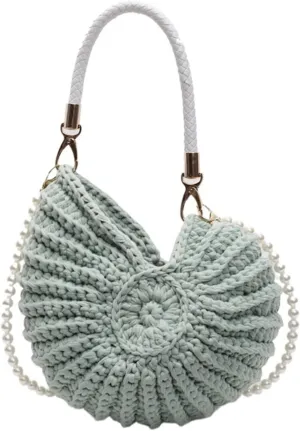 Hand-woven Bag Women's Seaside Conch Shell Messenger Bag Cute Pearls Chains Handmade Weave Crossbody Bag Novelty Handbags