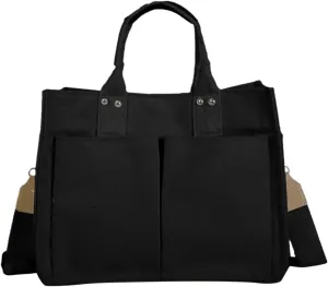 Handbag Use Black Custom Printed Cotton Canvas Tote With Outside Pocket Mens Bags Shoulder (Black, One Size)