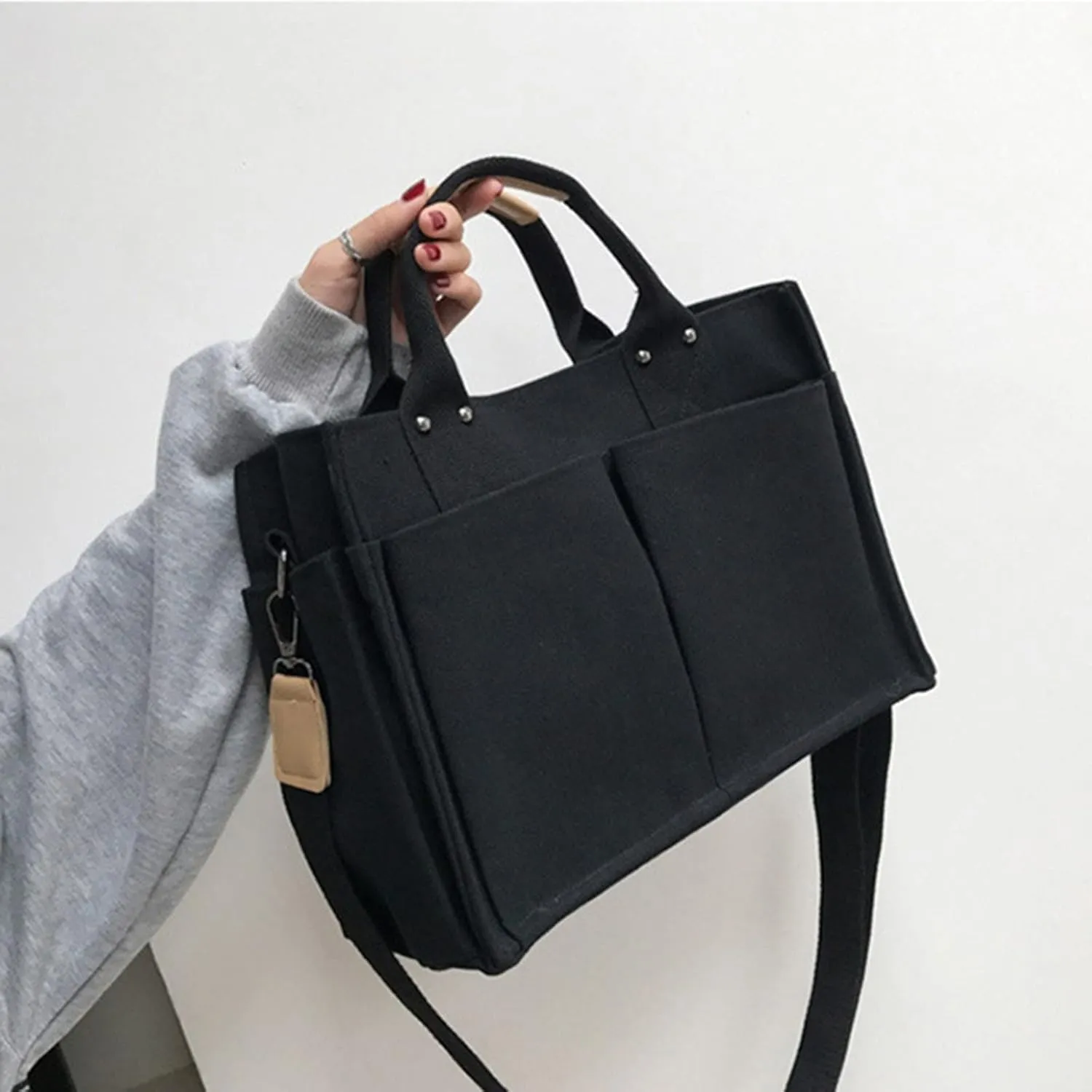 Handbag Use Black Custom Printed Cotton Canvas Tote With Outside Pocket Mens Bags Shoulder (Black, One Size)