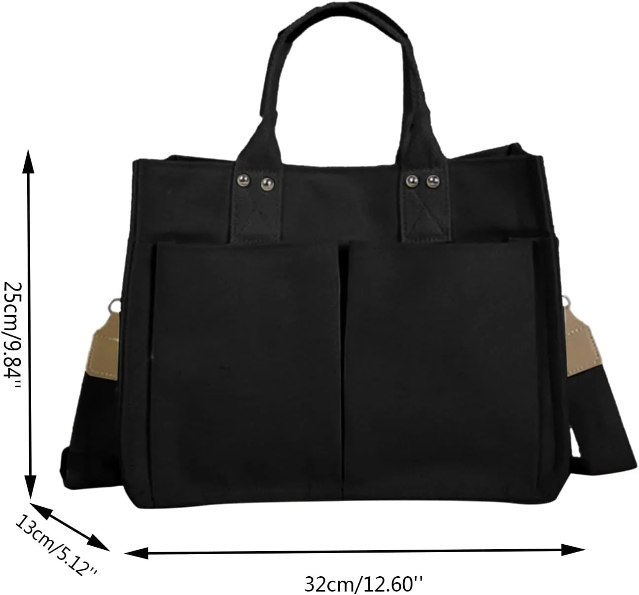 Handbag Use Black Custom Printed Cotton Canvas Tote With Outside Pocket Mens Bags Shoulder (Black, One Size)