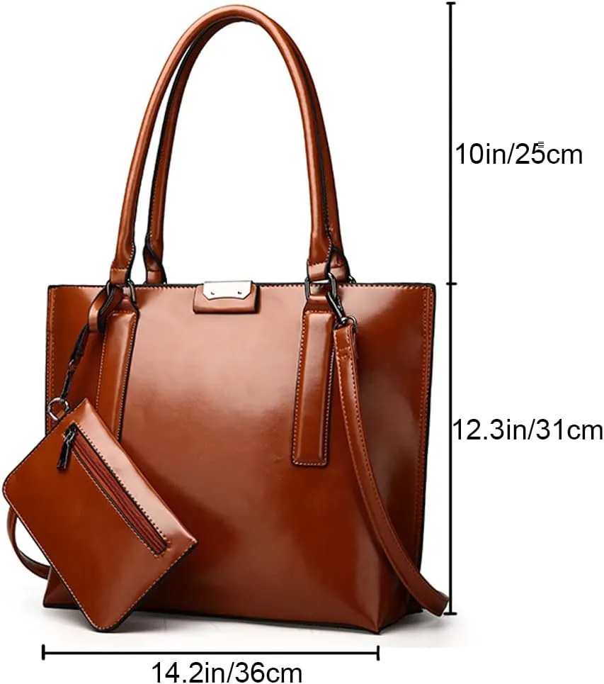 Handbags and Purses for Women Glossy Leather Tote Bags Shoulder Bag Satchel Handbag Wallet Wristlets Bag 2-Pcs Set, Brown
