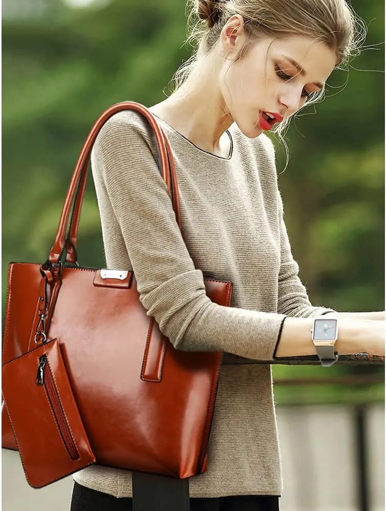 Handbags and Purses for Women Glossy Leather Tote Bags Shoulder Bag Satchel Handbag Wallet Wristlets Bag 2-Pcs Set, Brown