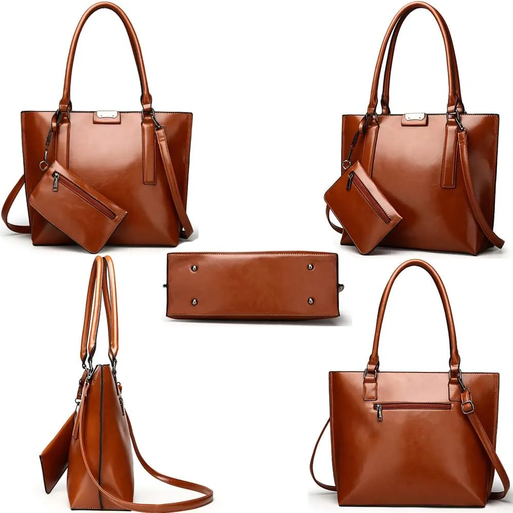 Handbags and Purses for Women Glossy Leather Tote Bags Shoulder Bag Satchel Handbag Wallet Wristlets Bag 2-Pcs Set, Brown