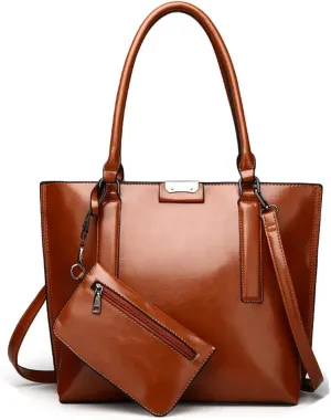 Handbags and Purses for Women Glossy Leather Tote Bags Shoulder Bag Satchel Handbag Wallet Wristlets Bag 2-Pcs Set, Brown