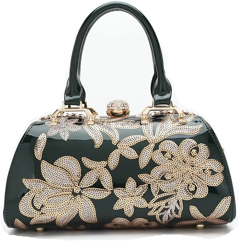 Handbags for Women Shiny Patent Leather&Embroidery Evening Bag Top Handle Handbag Purse Satchel Ladies Shoulder Bag