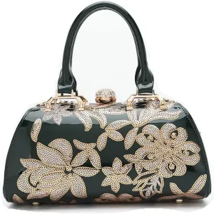 Handbags for Women Shiny Patent Leather&Embroidery Evening Bag Top Handle Handbag Purse Satchel Ladies Shoulder Bag