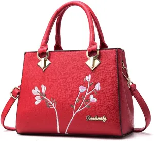 Handbags for Women Top Handle Purse Faux Leather Satchel Bag Floral Embroidery Purses Medium Tote Bags Shoulder Bag