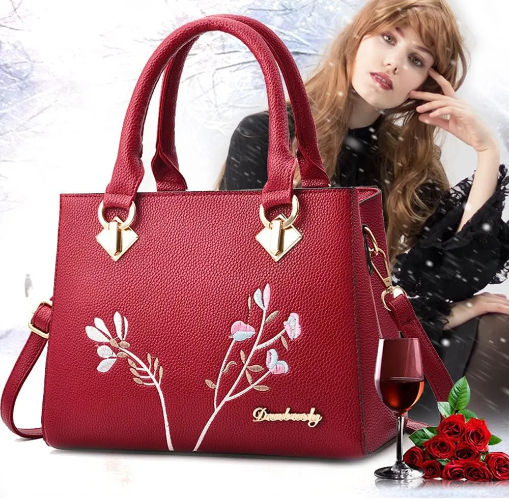 Handbags for Women Top Handle Purse Faux Leather Satchel Bag Floral Embroidery Purses Medium Tote Bags Shoulder Bag