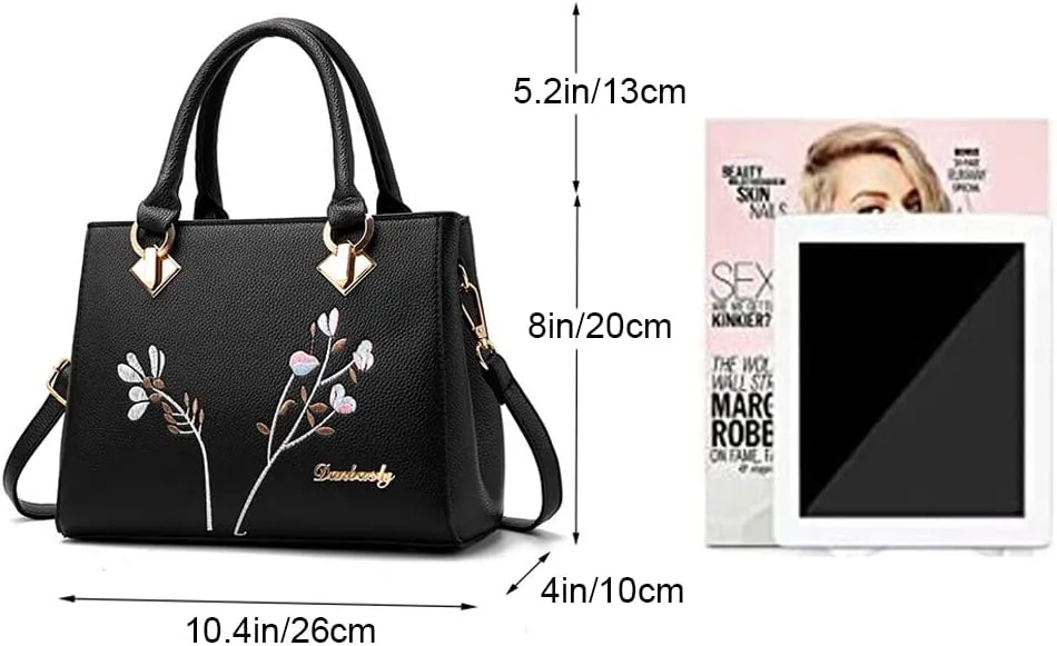 Handbags for Women Top Handle Purse Faux Leather Satchel Bag Floral Embroidery Purses Medium Tote Bags Shoulder Bag