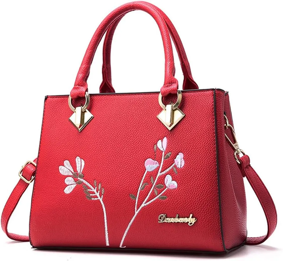 Handbags for Women Top Handle Purse Faux Leather Satchel Bag Floral Embroidery Purses Medium Tote Bags Shoulder Bag