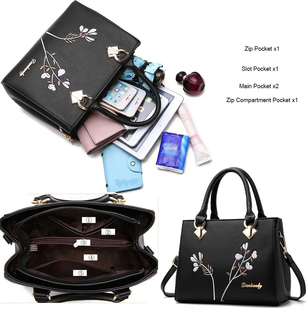 Handbags for Women Top Handle Purse Faux Leather Satchel Bag Floral Embroidery Purses Medium Tote Bags Shoulder Bag