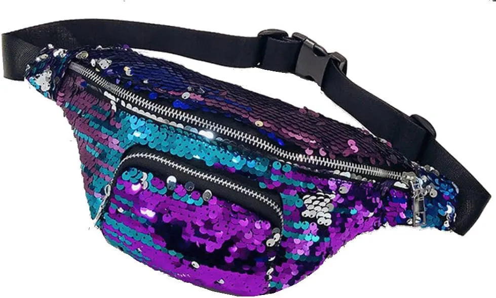 Hands-Free Shiny Festival Pack Crossbody Bags for Rave Parties Glitter Fanny Pack for Women - Colorful Sequins Waist Pack with Adjustable Strap (Purple)
