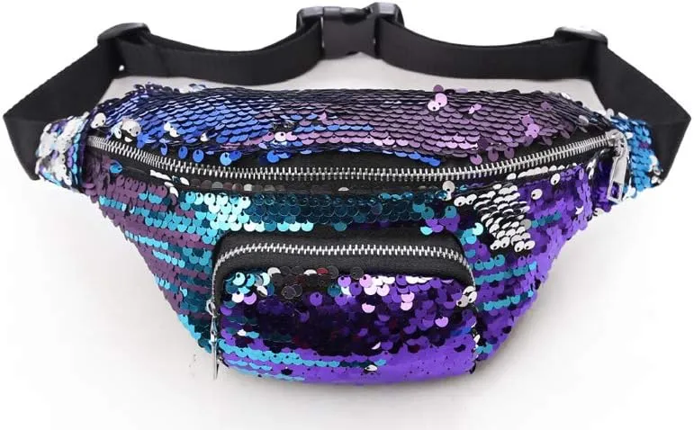 Hands-Free Shiny Festival Pack Crossbody Bags for Rave Parties Glitter Fanny Pack for Women - Colorful Sequins Waist Pack with Adjustable Strap (Purple)