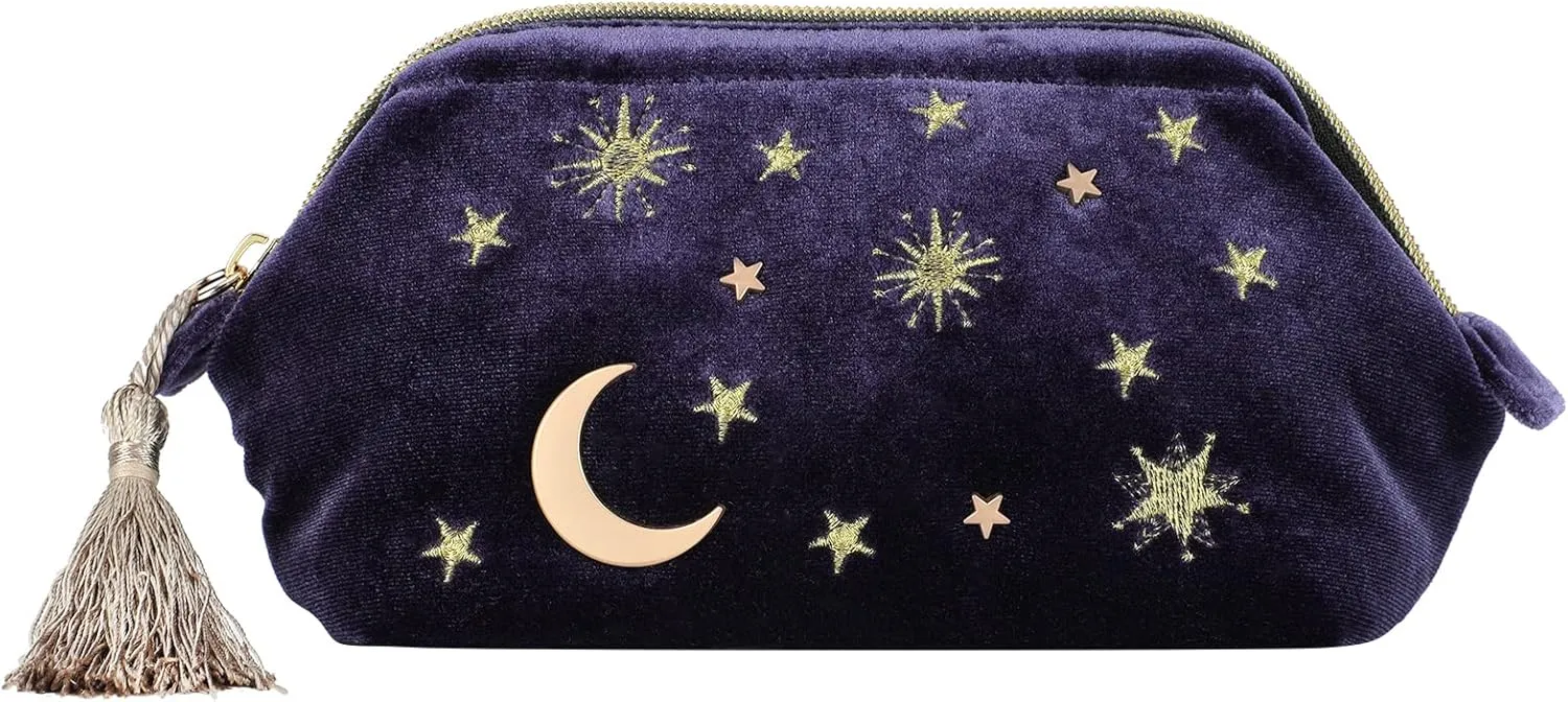 Handy cosmetic makeup bag,Navy Velvet Embroidered Applique Moon Stars Cosmetic Bag,Starry Makeup Pouch with Tassels & Pearl Zipper,Beautician Storage Bag