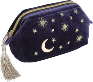 Handy cosmetic makeup bag,Navy Velvet Embroidered Applique Moon Stars Cosmetic Bag,Starry Makeup Pouch with Tassels & Pearl Zipper,Beautician Storage Bag