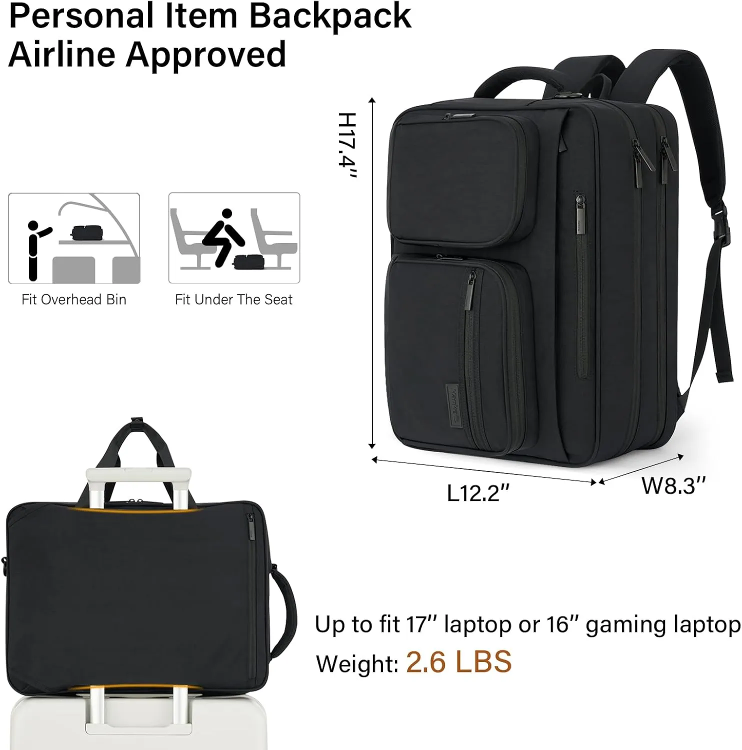 Hanke Multifunctional Carry On Luggage Bag, Personal Item Travel Bag 18x14x8 Airline Approved, Lightweight Under Seat Bags for Airplanes, Overnight Weekender Bags for Women, Graphite Black