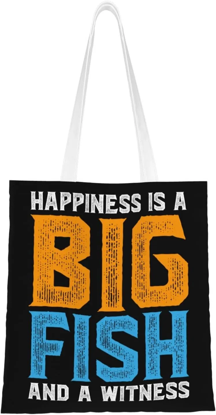 Happiness Is A Big Fish And A Witness Tote Bag for Women Canvas Shopping Bags Reusable Large Capacity Casual Shoulder Handbags Grocery Bags DIY Gift Bags
