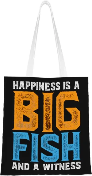 Happiness Is A Big Fish And A Witness Tote Bag for Women Canvas Shopping Bags Reusable Large Capacity Casual Shoulder Handbags Grocery Bags DIY Gift Bags