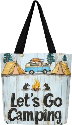 Happy Camping Canvas Tote Bags,Campfire Tent RV Car Large Capacity Shoulder Handbags,Travel Trailers Bag