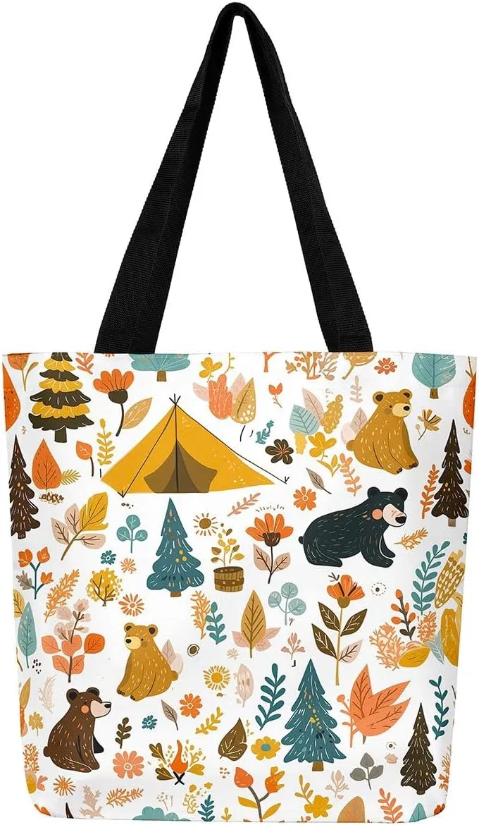 Happy Camping Canvas Tote Bags,Campfire Tent RV Car Large Capacity Shoulder Handbags,Travel Trailers Bag