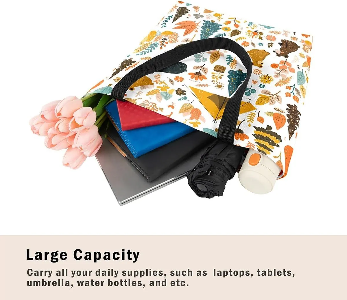 Happy Camping Canvas Tote Bags,Campfire Tent RV Car Large Capacity Shoulder Handbags,Travel Trailers Bag
