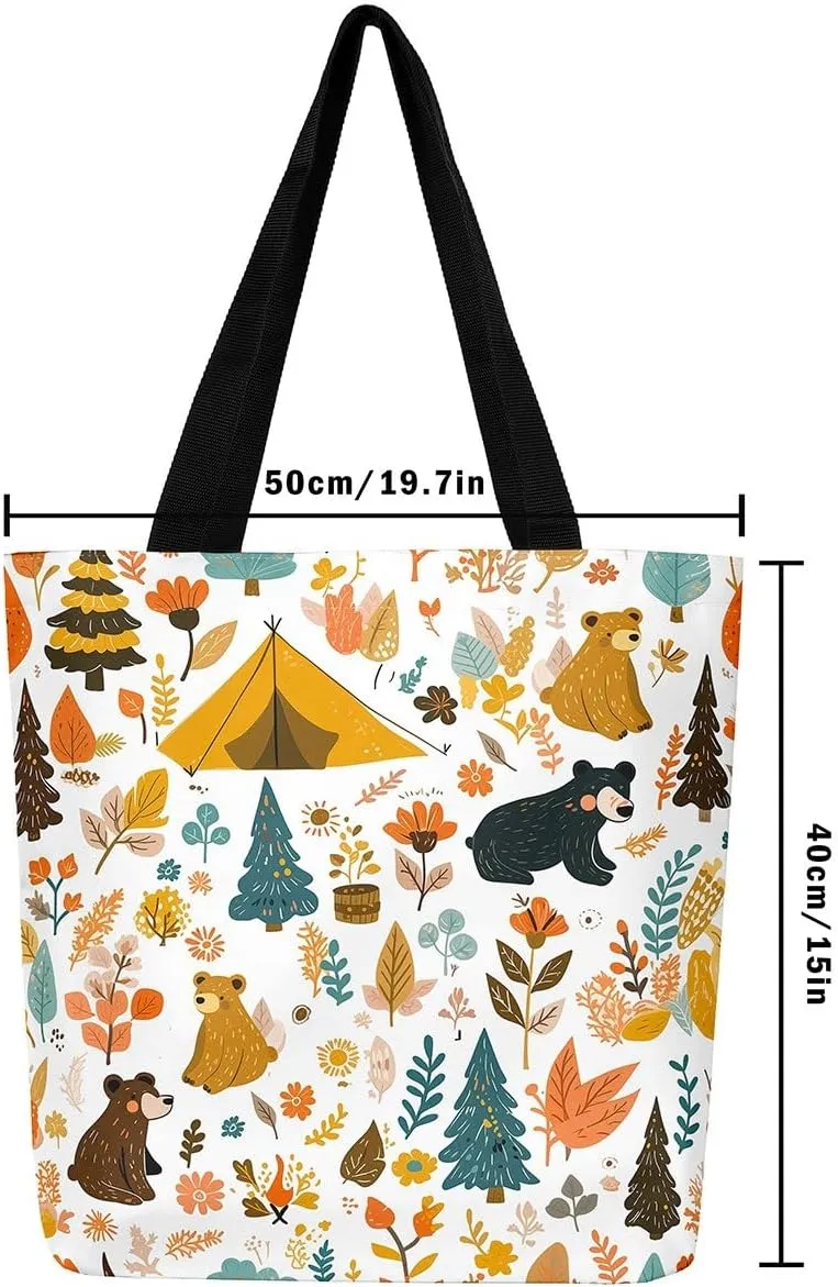 Happy Camping Canvas Tote Bags,Campfire Tent RV Car Large Capacity Shoulder Handbags,Travel Trailers Bag