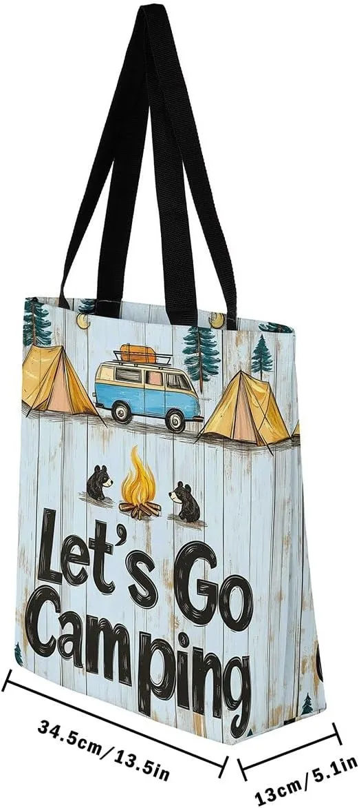 Happy Camping Canvas Tote Bags,Campfire Tent RV Car Large Capacity Shoulder Handbags,Travel Trailers Bag