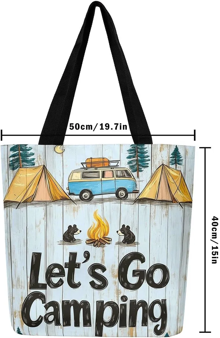 Happy Camping Canvas Tote Bags,Campfire Tent RV Car Large Capacity Shoulder Handbags,Travel Trailers Bag