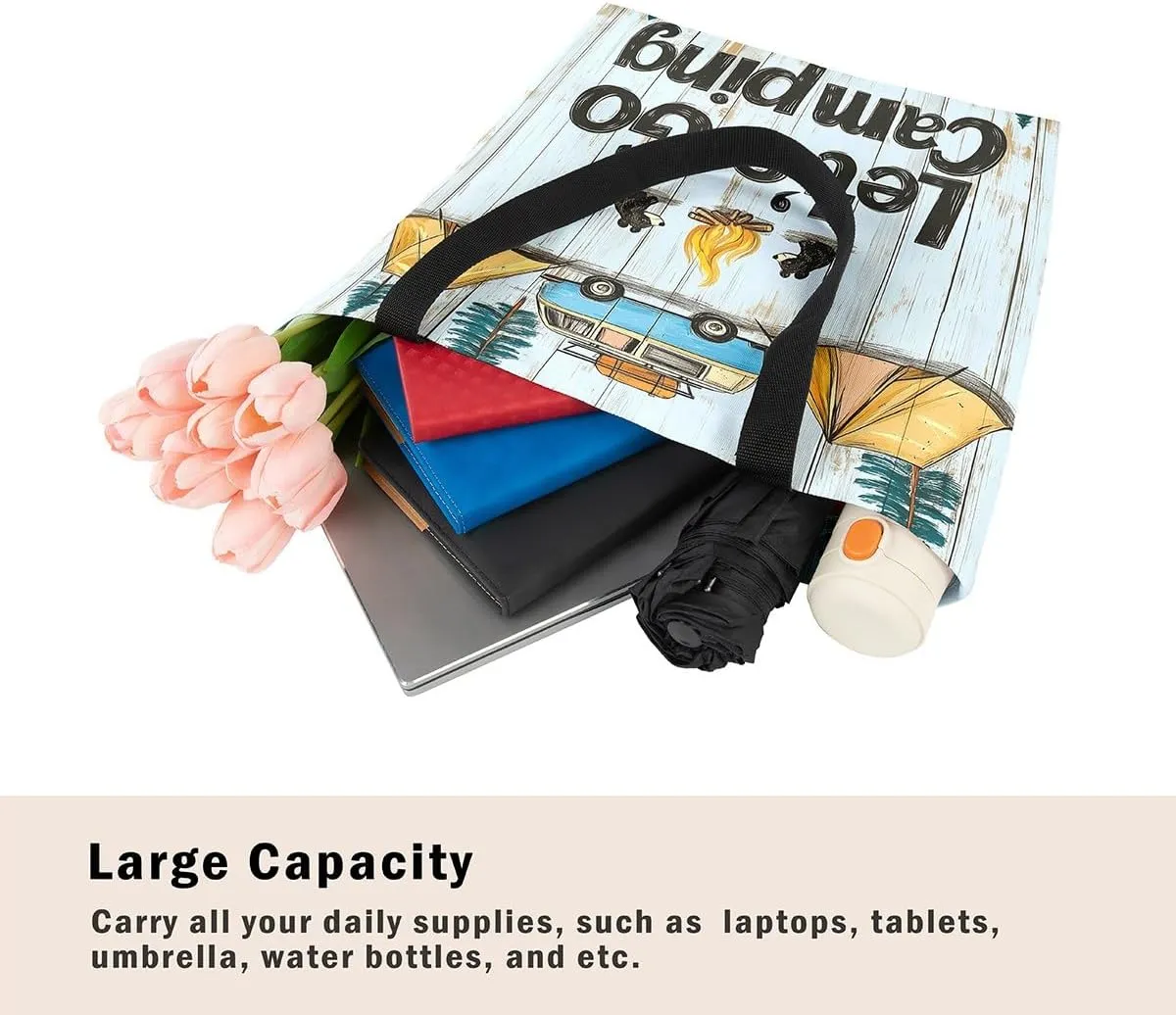 Happy Camping Canvas Tote Bags,Campfire Tent RV Car Large Capacity Shoulder Handbags,Travel Trailers Bag