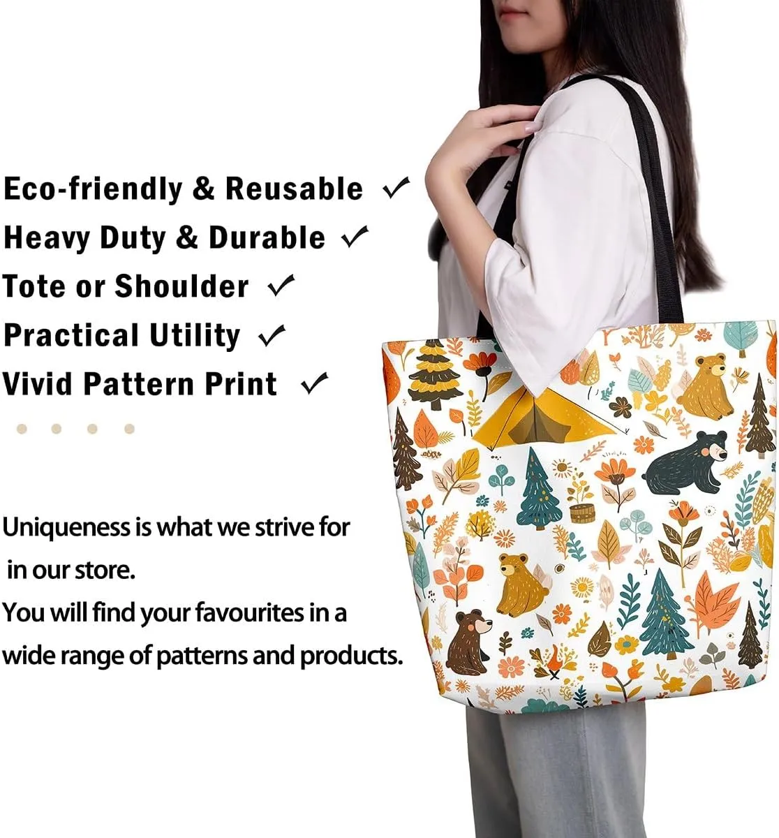 Happy Camping Canvas Tote Bags,Campfire Tent RV Car Large Capacity Shoulder Handbags,Travel Trailers Bag