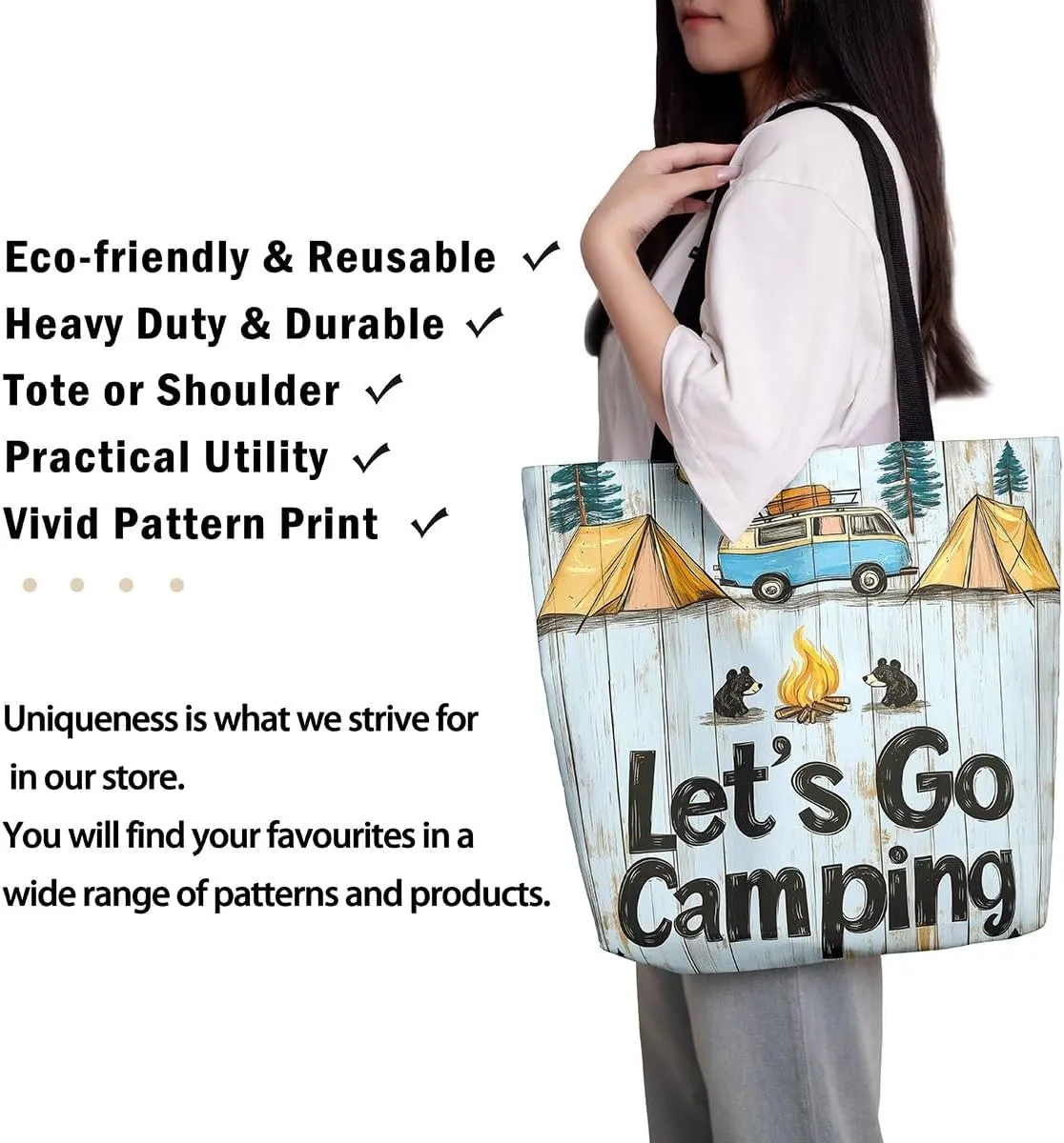 Happy Camping Canvas Tote Bags,Campfire Tent RV Car Large Capacity Shoulder Handbags,Travel Trailers Bag