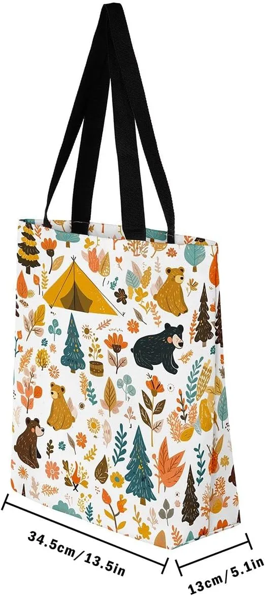 Happy Camping Canvas Tote Bags,Campfire Tent RV Car Large Capacity Shoulder Handbags,Travel Trailers Bag
