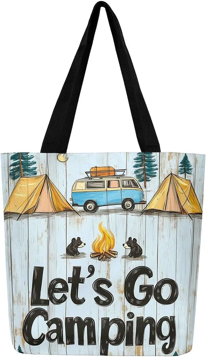 Happy Camping Canvas Tote Bags,Campfire Tent RV Car Large Capacity Shoulder Handbags,Travel Trailers Bag