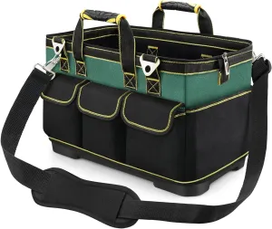 Hard Bottom Tool Tote Bag, 18" Open Top Electrician Tote, Heavy Duty 1680D Electrical Tool Bag with Handle, Waterproof Wide Mouth Tool Carrier with 15 Pockets