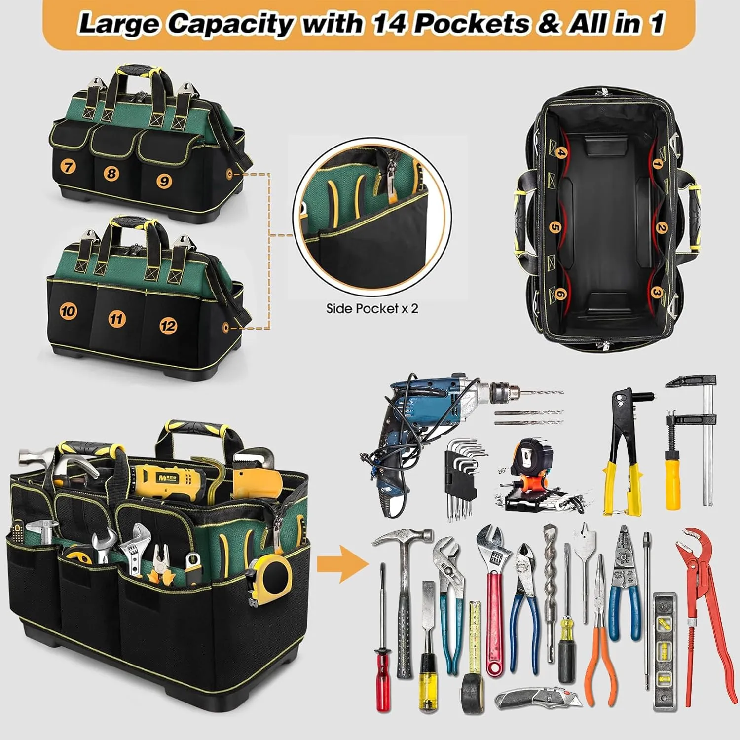 Hard Bottom Tool Tote Bag, 18" Open Top Electrician Tote, Heavy Duty 1680D Electrical Tool Bag with Handle, Waterproof Wide Mouth Tool Carrier with 15 Pockets