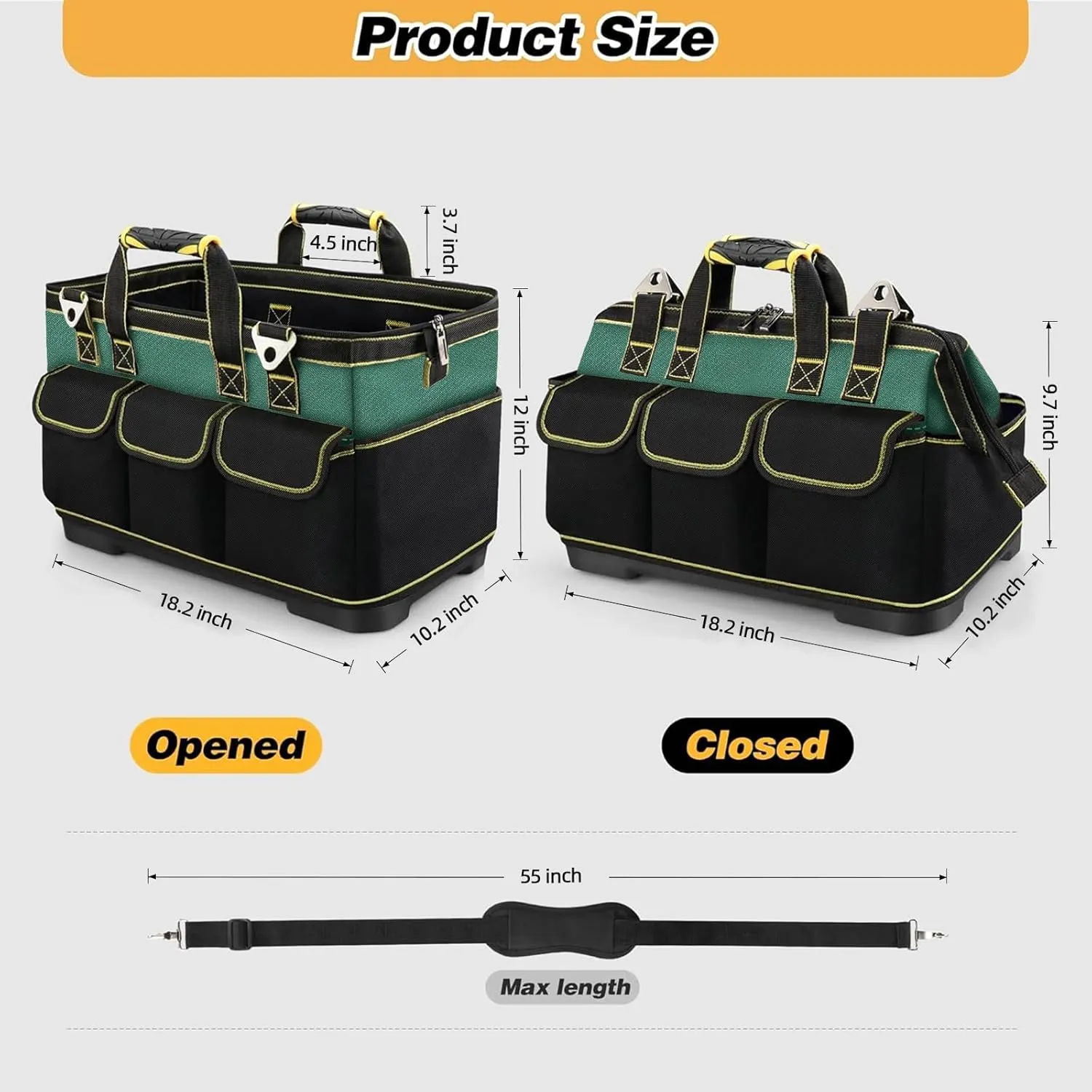 Hard Bottom Tool Tote Bag, 18" Open Top Electrician Tote, Heavy Duty 1680D Electrical Tool Bag with Handle, Waterproof Wide Mouth Tool Carrier with 15 Pockets