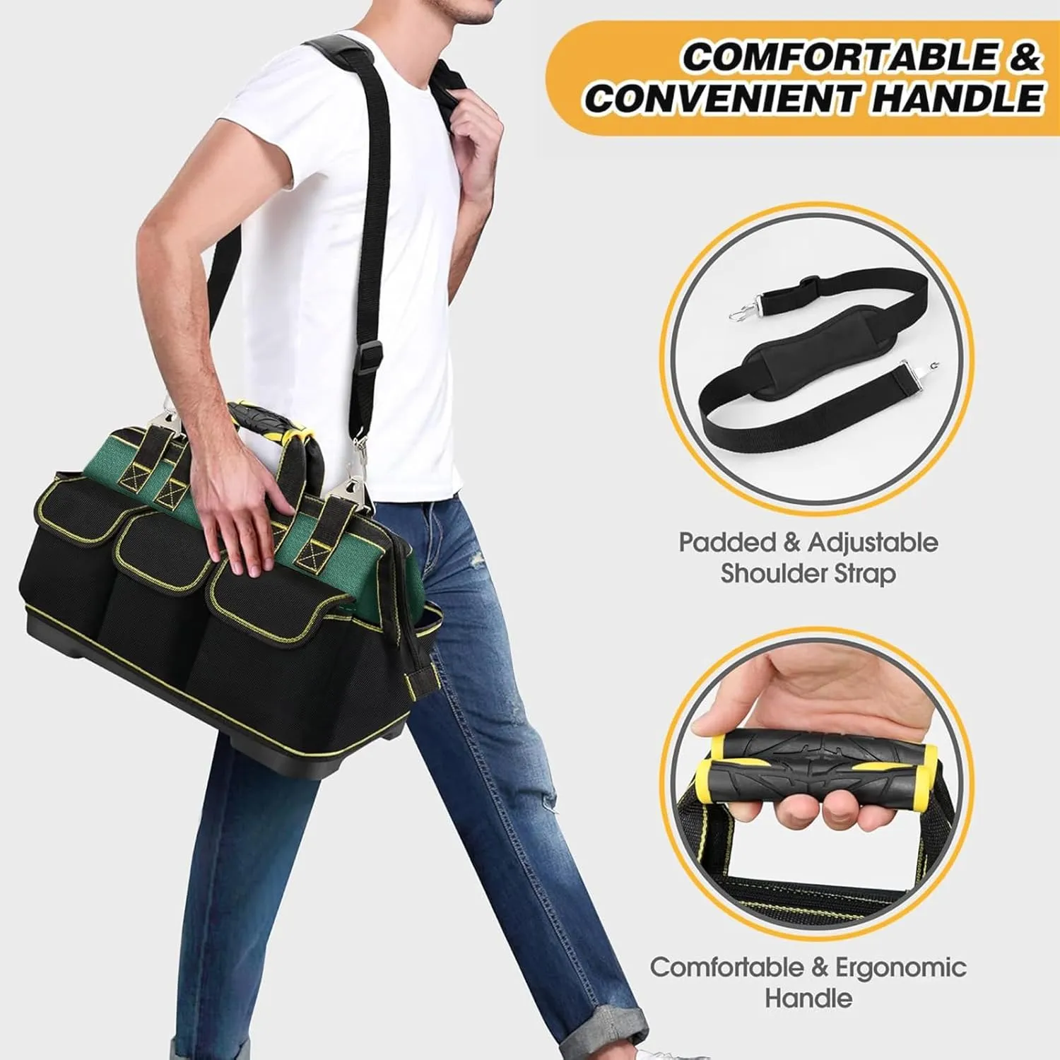 Hard Bottom Tool Tote Bag, 18" Open Top Electrician Tote, Heavy Duty 1680D Electrical Tool Bag with Handle, Waterproof Wide Mouth Tool Carrier with 15 Pockets