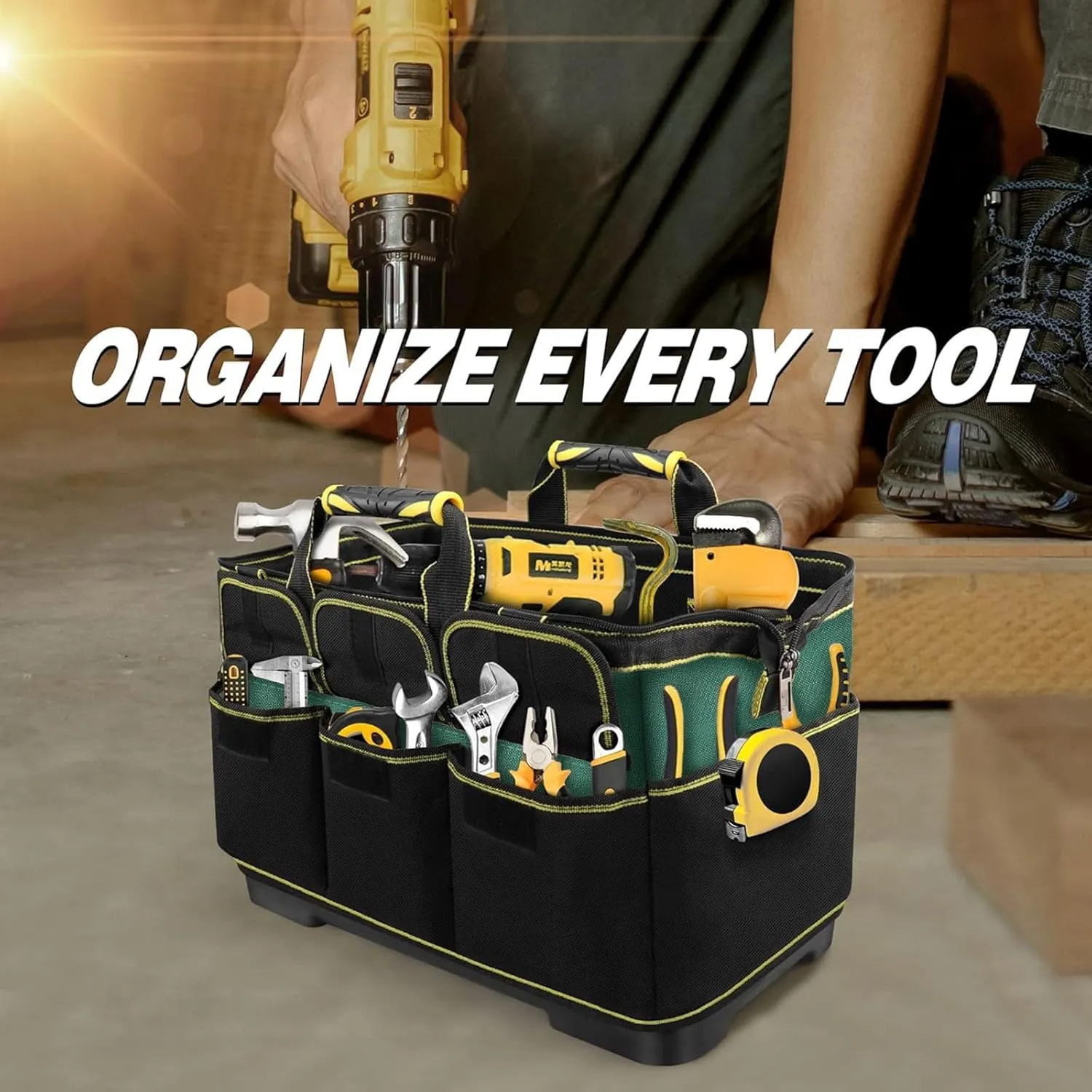 Hard Bottom Tool Tote Bag, 18" Open Top Electrician Tote, Heavy Duty 1680D Electrical Tool Bag with Handle, Waterproof Wide Mouth Tool Carrier with 15 Pockets