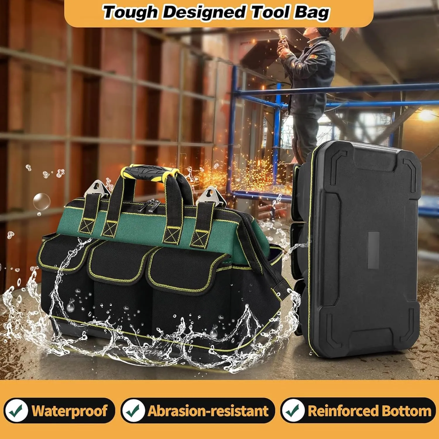 Hard Bottom Tool Tote Bag, 18" Open Top Electrician Tote, Heavy Duty 1680D Electrical Tool Bag with Handle, Waterproof Wide Mouth Tool Carrier with 15 Pockets