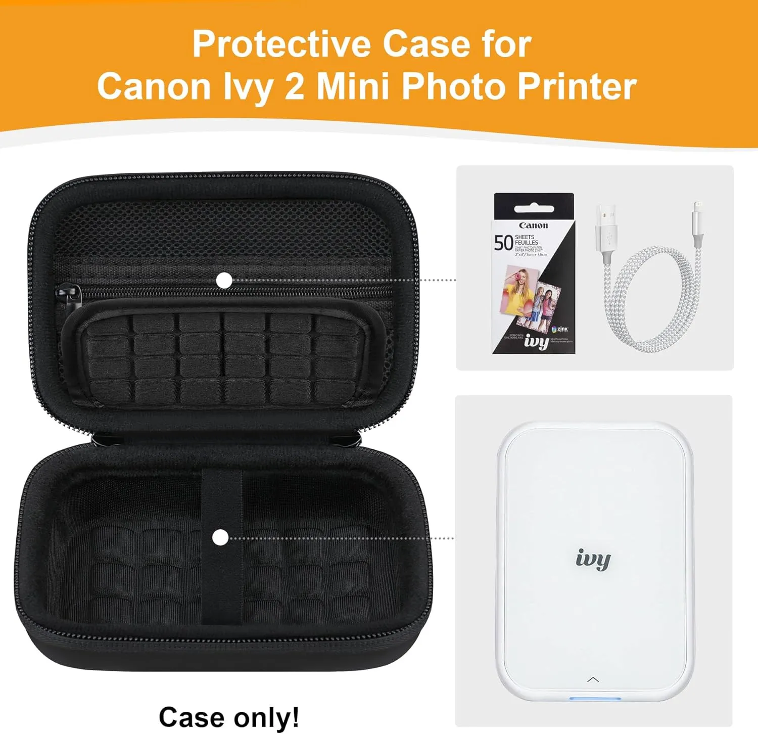 Hard Case for Canon Ivy 2/ Canon Ivy CLIQ 2 CLIQ2 CLIQ  Mini Instant Camera Photo Printer, Wireless Bluetooth Mobile Smartphone Printer Travel Bag, Mesh Pocket fits Photo Paper and Cable, Black