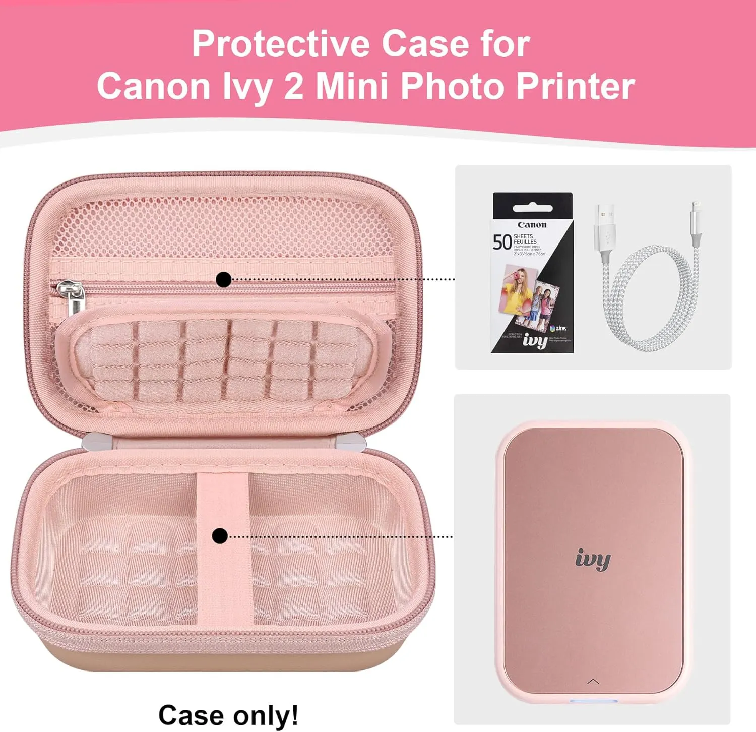 Hard Case for Canon Ivy 2/ Canon Ivy CLIQ 2 CLIQ2 CLIQ  Mini Instant Camera Photo Printer, Wireless Bluetooth Smartphone Printer Travel Bag, Mesh Pocket fits Photo Paper and Cable, Rose Gold