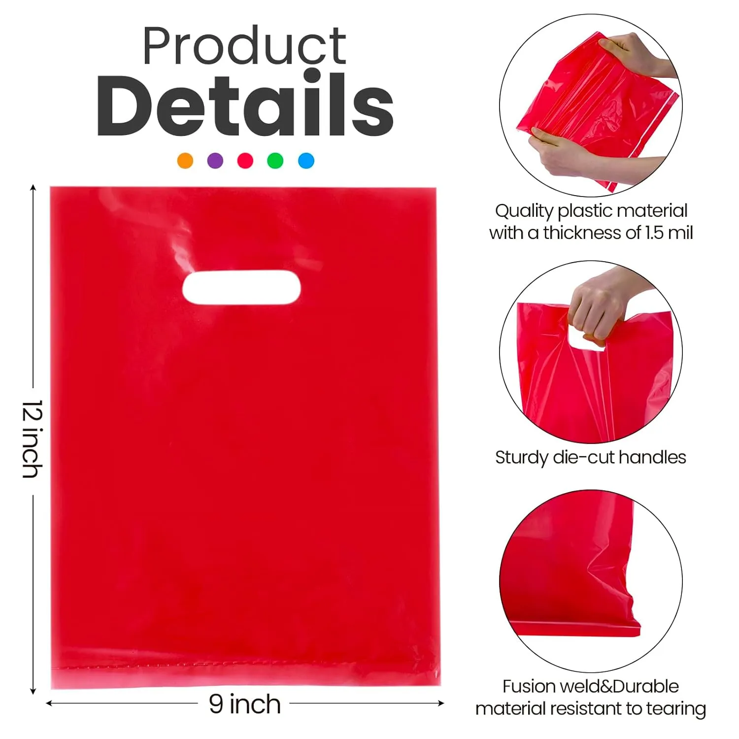 Harloon 500 Pcs Merchandise Shopping Bags Bulk for Business 1.5 Mil 9 x 12 Inch Thick Plastic Retail Boutique Bag for Party Favor Gift(Purple, Red, Yellow, Green, Blue)