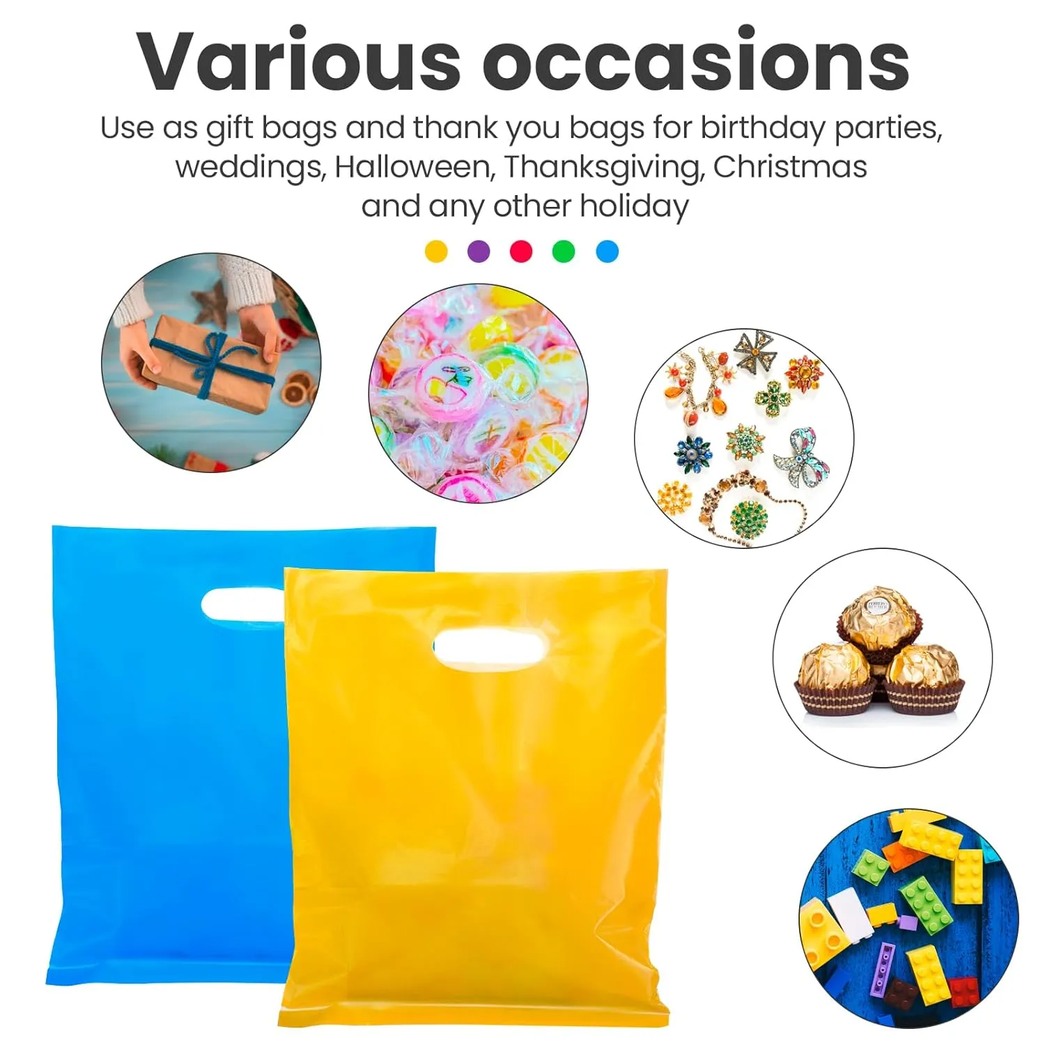 Harloon 500 Pcs Merchandise Shopping Bags Bulk for Business 1.5 Mil 9 x 12 Inch Thick Plastic Retail Boutique Bag for Party Favor Gift(Purple, Red, Yellow, Green, Blue)